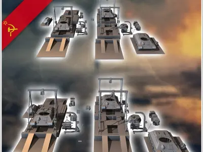 Assembly or repair lines of Soviet T-34 tanks with spare parts 3 3D print model