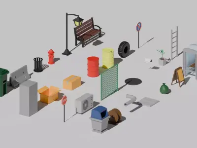 28 Low Poly Urban Street Props Pack - Game Ready 3D Assets Low-poly 3D model