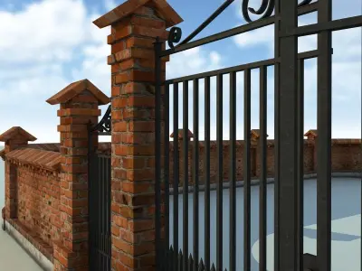Brick Fence Wall Gate 3D model