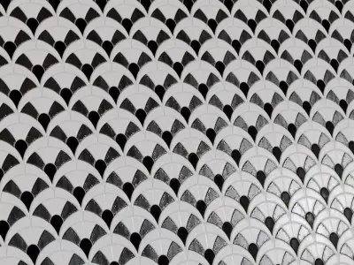 Modern Glossy Black and White Fan Pattern Tiles PBR Seamless Texture