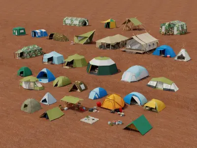 Camping Tent Pack Variety Low Poly Military Glamping Tents Low-poly 3D model