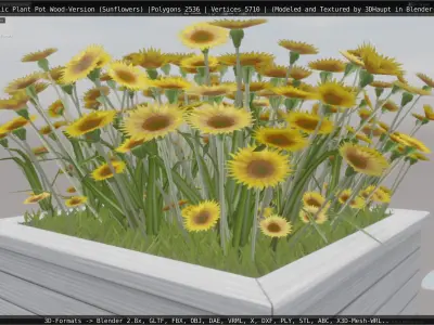 Public Plant Pot Wood-Version with Sunflowers Low-poly 3D model