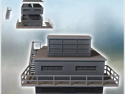 Modern flat-roofed building with observation balcony and multipl 3D print model