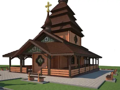 Church wooden with with interior 3D model
