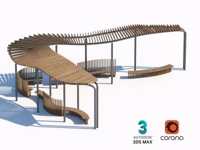 Modern Curved Wooden Pavilion with Seating for Outdoor Spaces 3D model