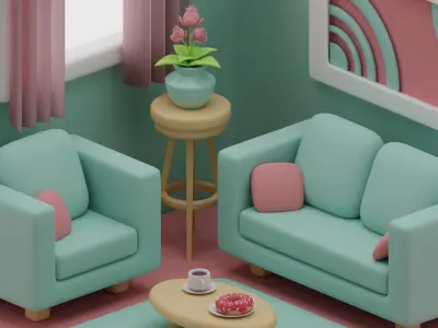 Stylized Isometric Living Room - Blue Version Free 3D model