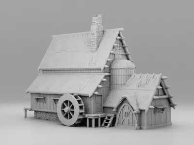 A house with a water wheel 3D print model