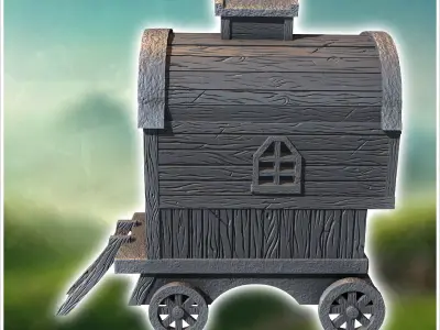 Wooden caravan with a small rooftop window stairs and wagon whee 3D print model