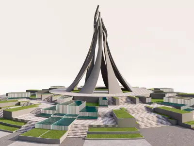 Futuristic Monumental Roundabout with Water and Planters Low-poly 3D model