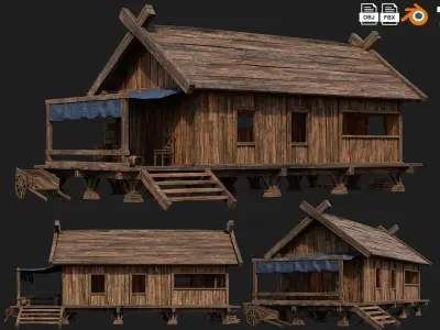 4 Old Building House Pack 4K Texture GameReady 69 to 72 Low-poly 3D model