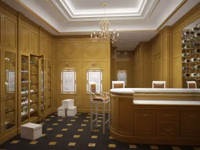 Winery wine room with wooden cabinets and chandelier 3D model
