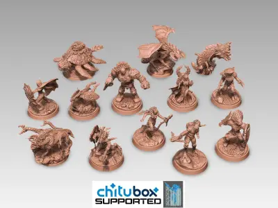 Scifi Fantasy Minis Thirteen 3D printable characters and bases 3D model