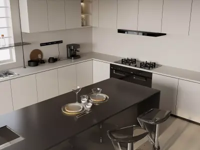 Modern Minimalist Black - White Kitchen with Island 3D model