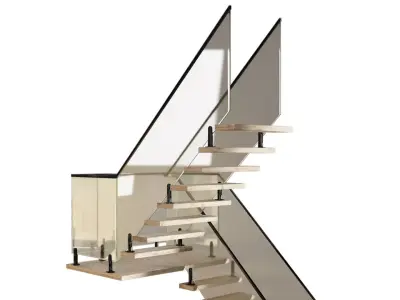 Wooden staircase with glass railing 3D model