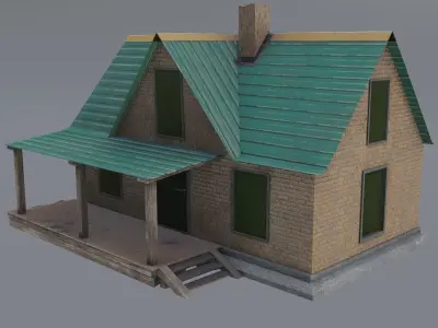 Old neglected yellow brick house with a canopy Low-poly 3D model