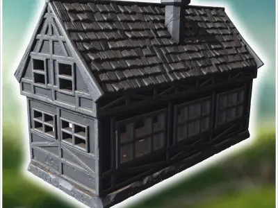 Long half-timbered building with dormer windows steep roof and i 3D print model