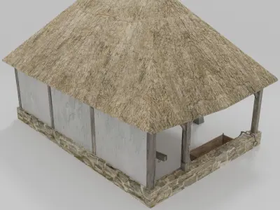 Stable wooden structure with thatched roof Low-poly 3D model