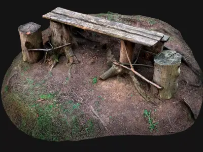 Medieval Wooden Bench and Table in the Mountains Low-poly 3D model