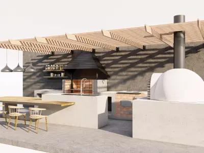 Outdoor Kitchen and Bar with Pergola Low-poly 3D model