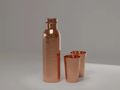 Hammered Copper Water Bottle and Cups Free 3D model