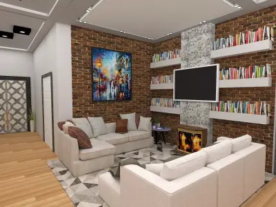 livingroom living room with fireplace and bookshelves 3D model