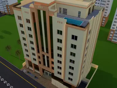 Hotel apartment building in city Low-poly 3D model