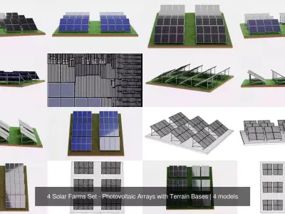 4 Solar Farms Set - Photovoltaic Arrays with Terrain Bases 3D Model Pack