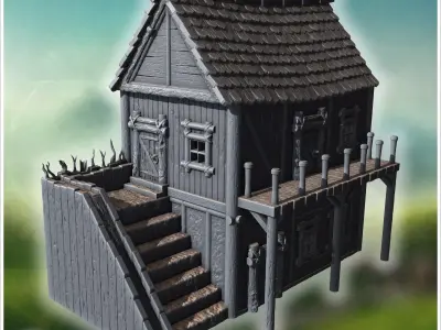 Medieval wooden house with stone foundation detailed stairs and  3D print model