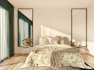 bedroom modern with wooden floors and mirror 3D model