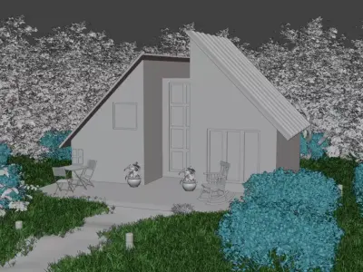 3D Modern House with Garden Lights Exterior Visualization Scene Low-poly 3D model
