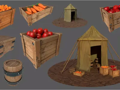 Stylized Medieval Market Tent and Food Crates Low-poly 3D model
