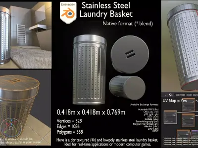 Stainless Steel Laundry Basket Low-poly 3D model