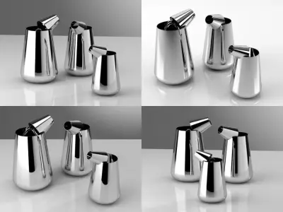 Pour four stainless steel jugs on table 3D model