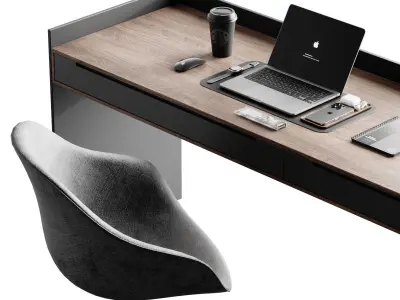 Workplace 5 office desk with laptop and chair 3D model