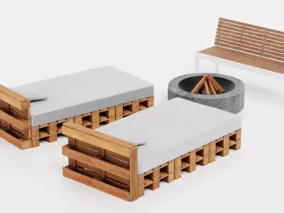 Garden Setup V6 - Pallet Loungers with Bench and Fire Pit 3D model