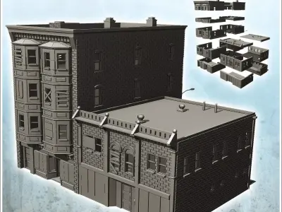 Large brick residential building with flat roof and lamp post 12 3D print model