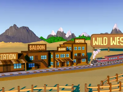 Illustration of Wild West and desert with a railroad Low-poly 3D model