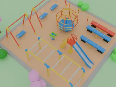 Low polygon Japanese park playground equipment set Low-poly 3D model