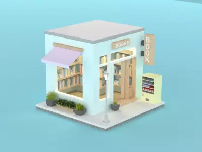 Low Poly Bookstore 3D Model - Stylized Cartoon Shop Low-poly 3D model