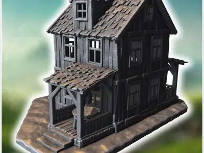 Two-story wooden house with a covered porch damaged roof and woo 3D print model