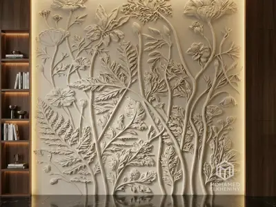 Modern floral Relief Panel Wall Decor Set STL Mural CNC 340 3D model