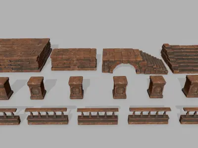 ruin set brick bridge with stairs Low-poly 3D model