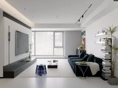 Contemporary Minimal Living Space With Open Kitchen 3D model