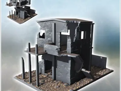 Ruined modern building with external stairs and demolished terra 3D print model