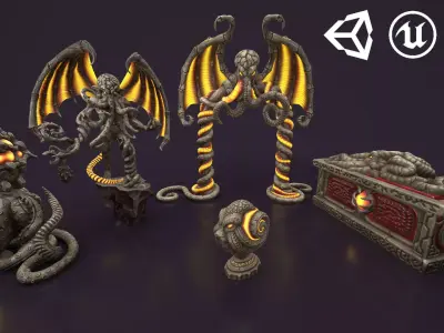 Ancient statues stone collection Low-poly 3D model