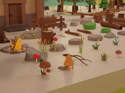 LowPoly Nature - Trees Grass and Rocks Low-poly 3D model