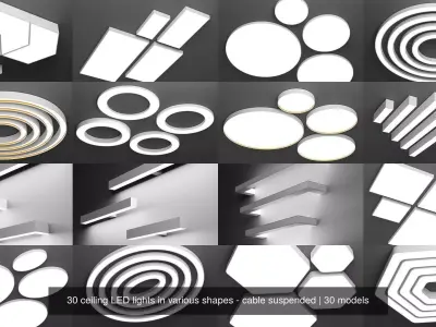 30 ceiling LED lights in various shapes - cable suspended 3D Model Pack