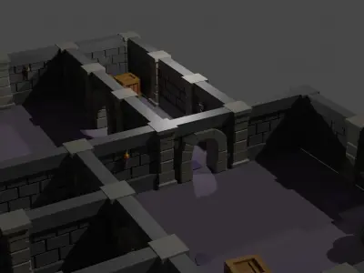 Dungeon room with lights and barrels Low-poly 3D model