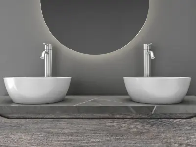 bathroom set 8 modern vanity with double sinks and round mirror 3D model