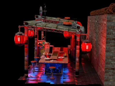 Steampunk noodle bar ramen shop Bladerunner style Low-poly 3D model